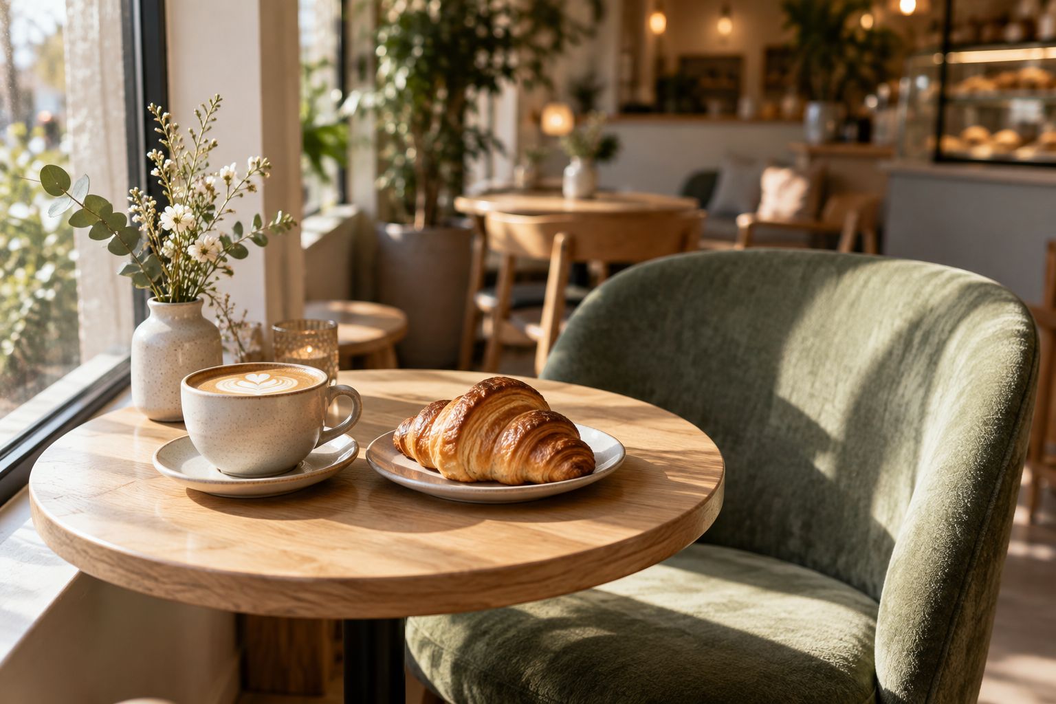 A warm corner inside Le Café with soft daylight, a coffee and a pastry on a small table
