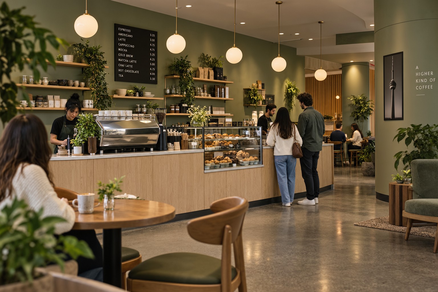 Inside Le Café at the CN Tower — a light, warm café counter with pastries and people ordering coffee