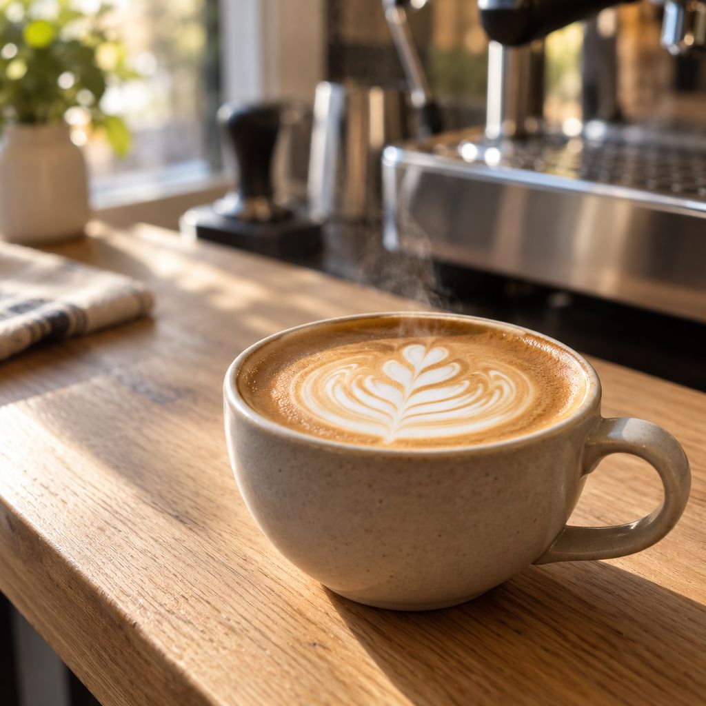 A freshly poured flat white with latte art on a café counter