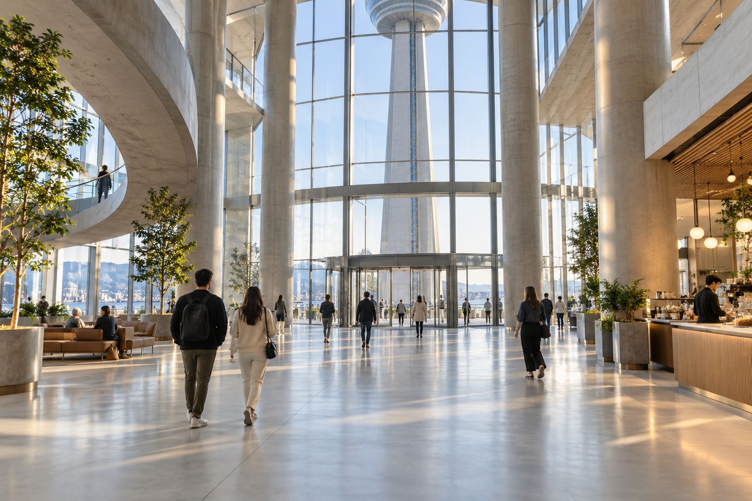The bright ground-floor arrival area of the CN Tower near Le Café